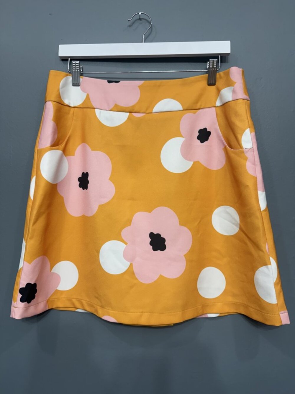 Hippocampe French Yellow Pink Retro Mod Flower Print A-Line Skirt FR 40 US 8